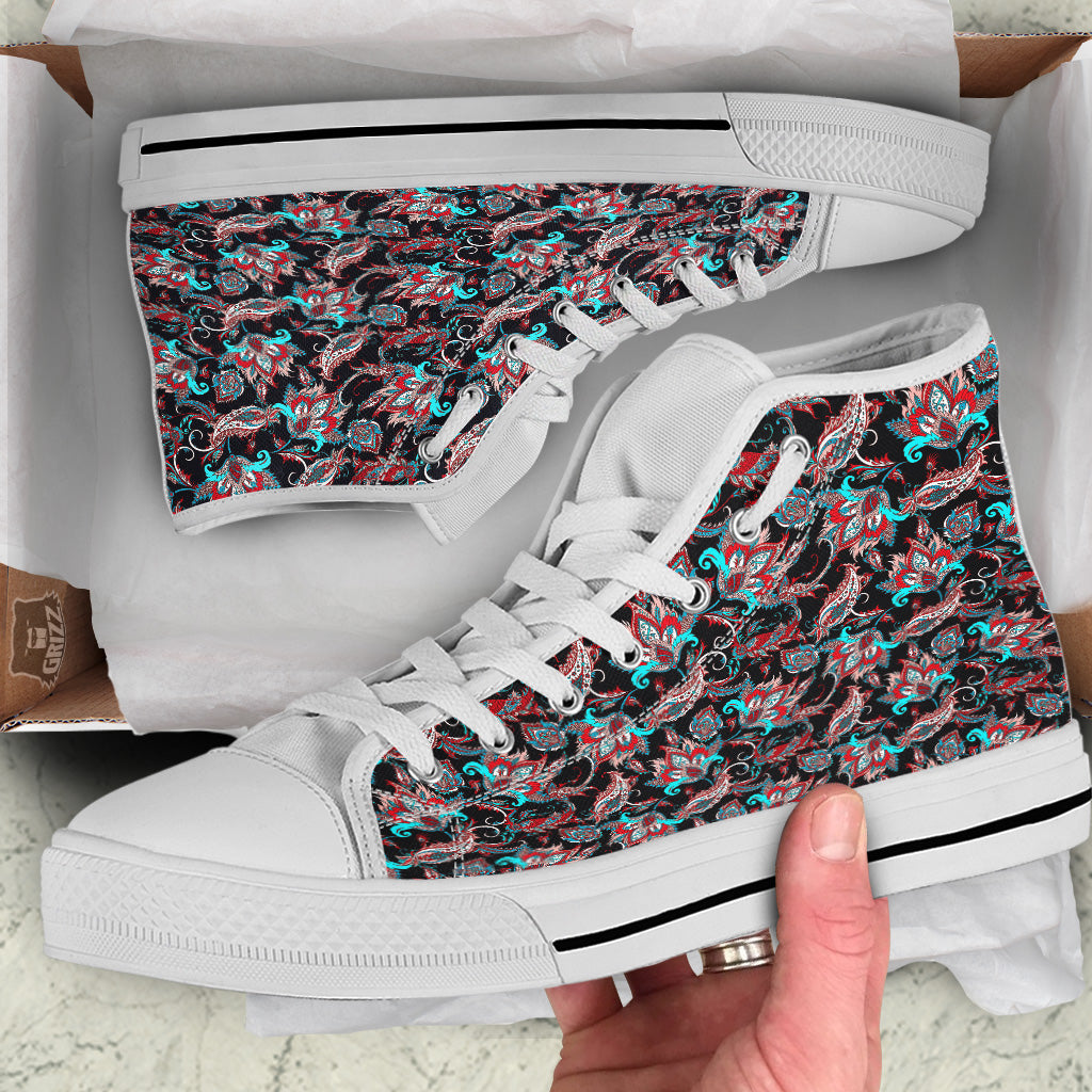 Red And Blue Neon Paisley Floral Print Pattern White High Top Shoes-grizzshop
