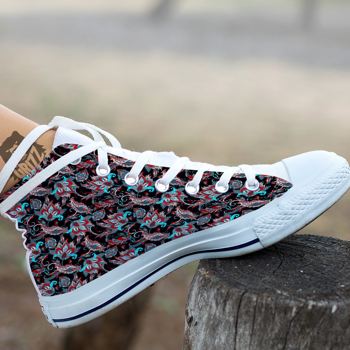 Red And Blue Neon Paisley Floral Print Pattern White High Top Shoes-grizzshop