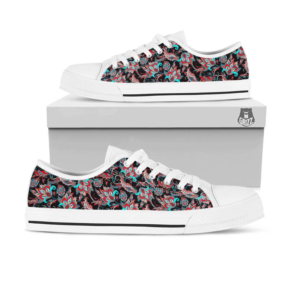 Red And Blue Neon Paisley Floral Print Pattern White Low Top Shoes-grizzshop