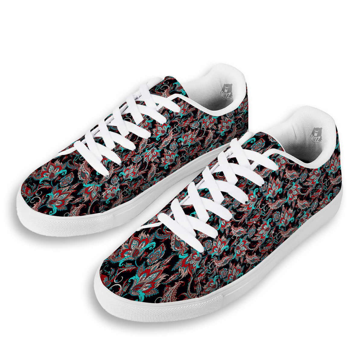 Red And Blue Neon Paisley Floral Print Pattern White Low Top Sneakers-grizzshop