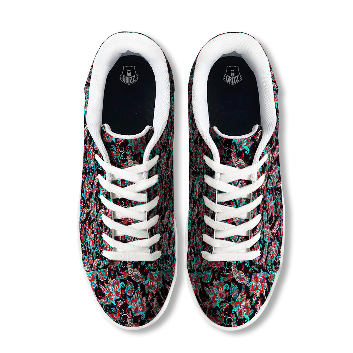 Red And Blue Neon Paisley Floral Print Pattern White Low Top Sneakers-grizzshop
