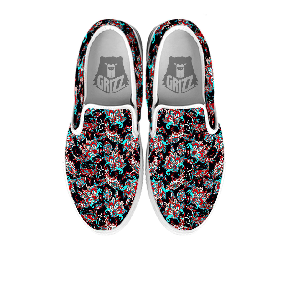 Red And Blue Neon Paisley Floral Print Pattern White Slip On Shoes-grizzshop