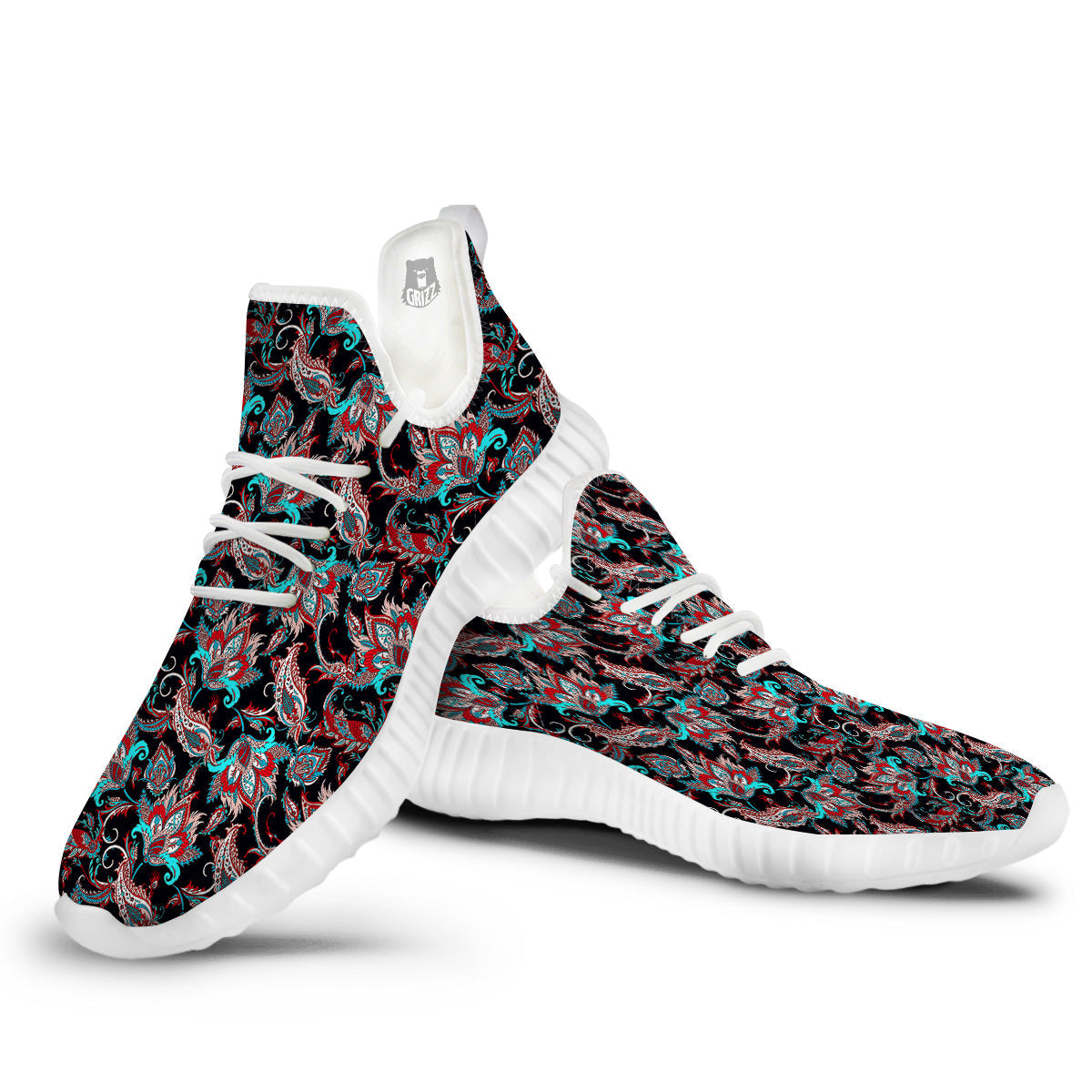 Red And Blue Neon Paisley Floral Print Pattern White Walking Shoes-grizzshop