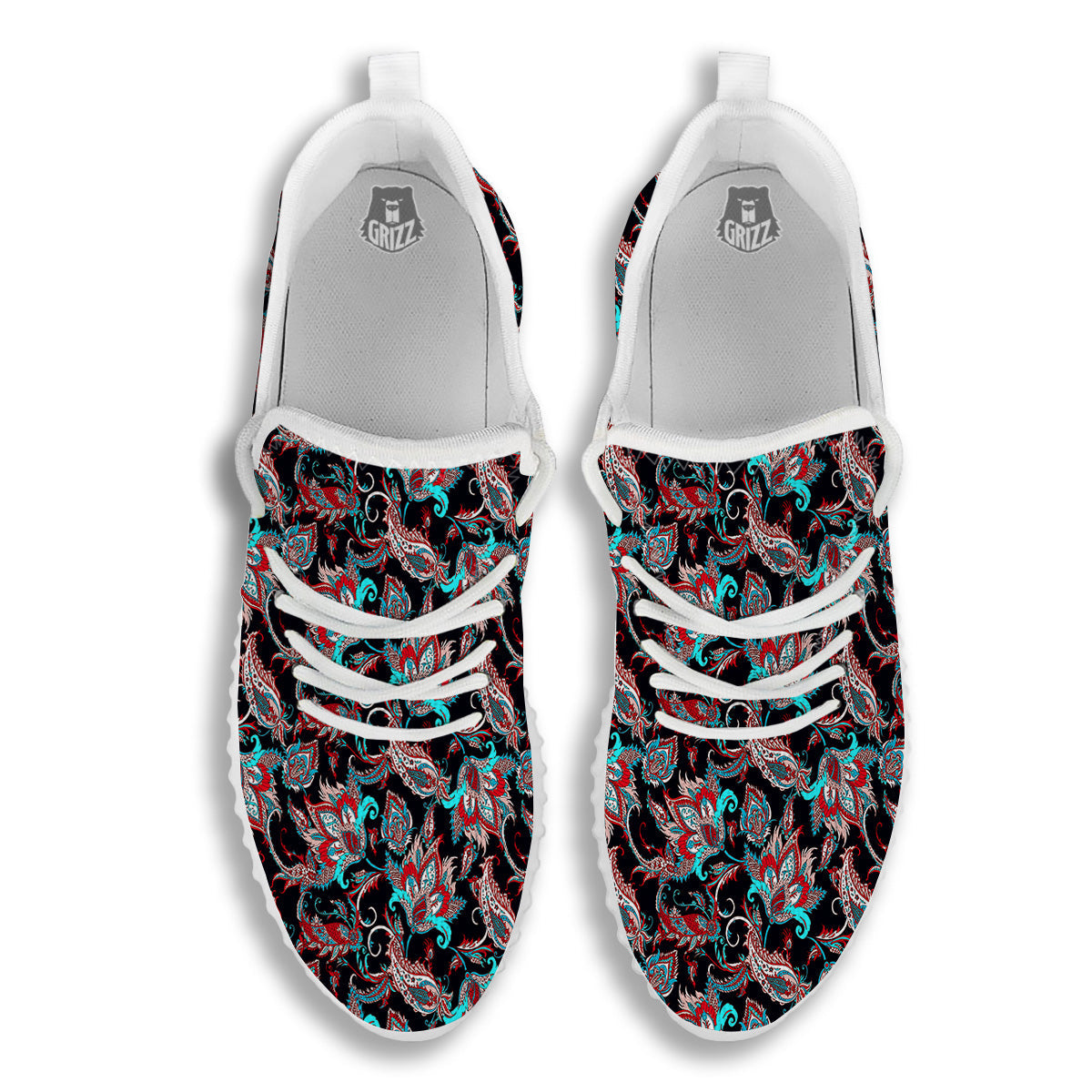 Red And Blue Neon Paisley Floral Print Pattern White Walking Shoes-grizzshop