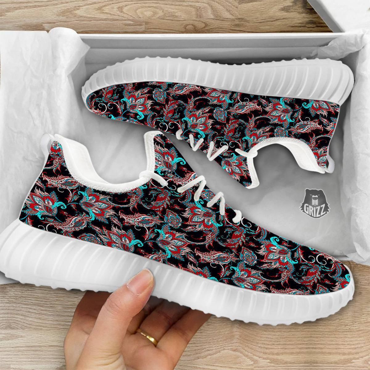 Red And Blue Neon Paisley Floral Print Pattern White Walking Shoes-grizzshop