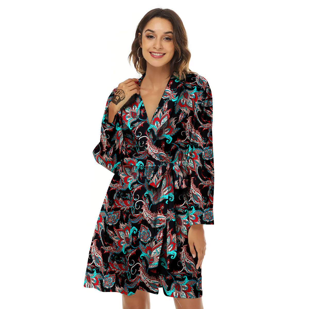 Red And Blue Neon Paisley Floral Print Pattern Women's Robe-grizzshop