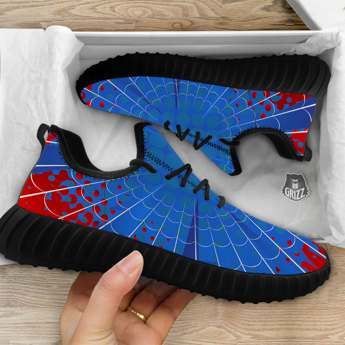 Red And Blue Spider Web Cartoon Print Black Walking Shoes-grizzshop