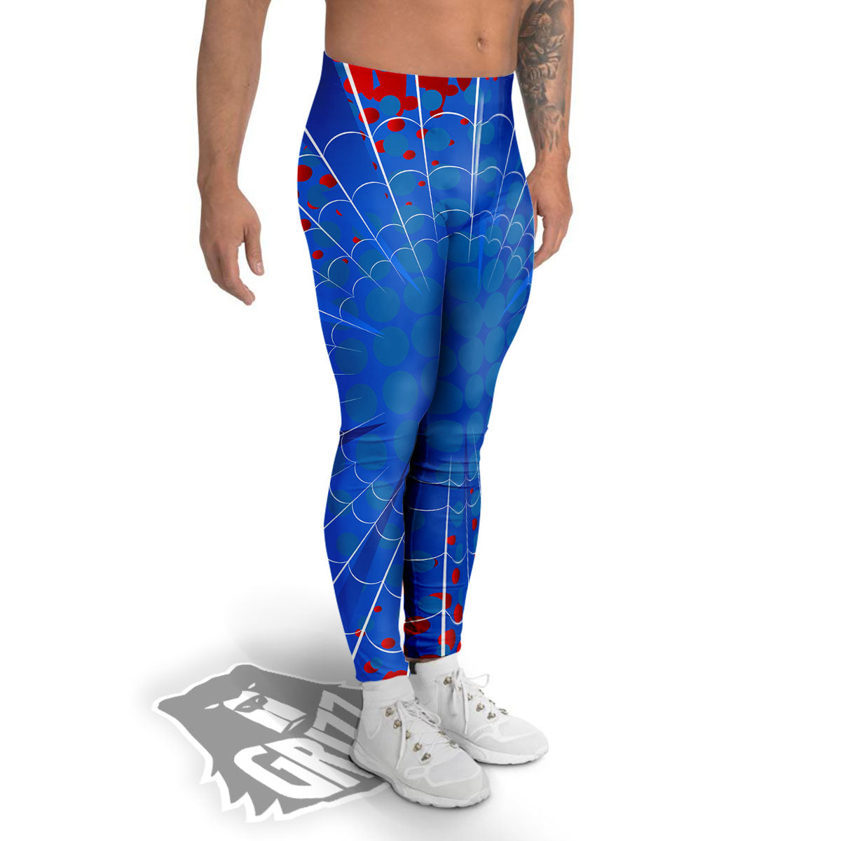 Red And Blue Spider Web Cartoon Print Men's Leggings-grizzshop