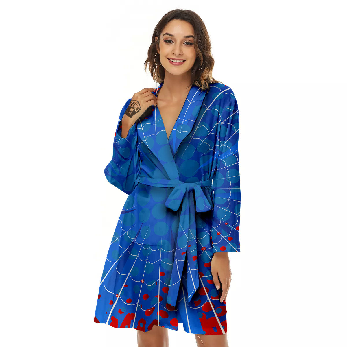 Red And Blue Spider Web Cartoon Print Women's Robe-grizzshop
