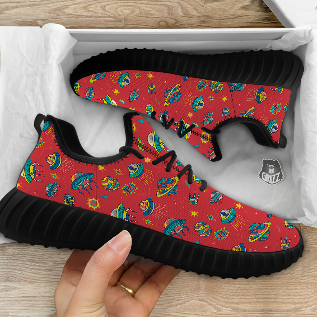 Red And Colorful UFO Print Pattern Black Walking Shoes-grizzshop