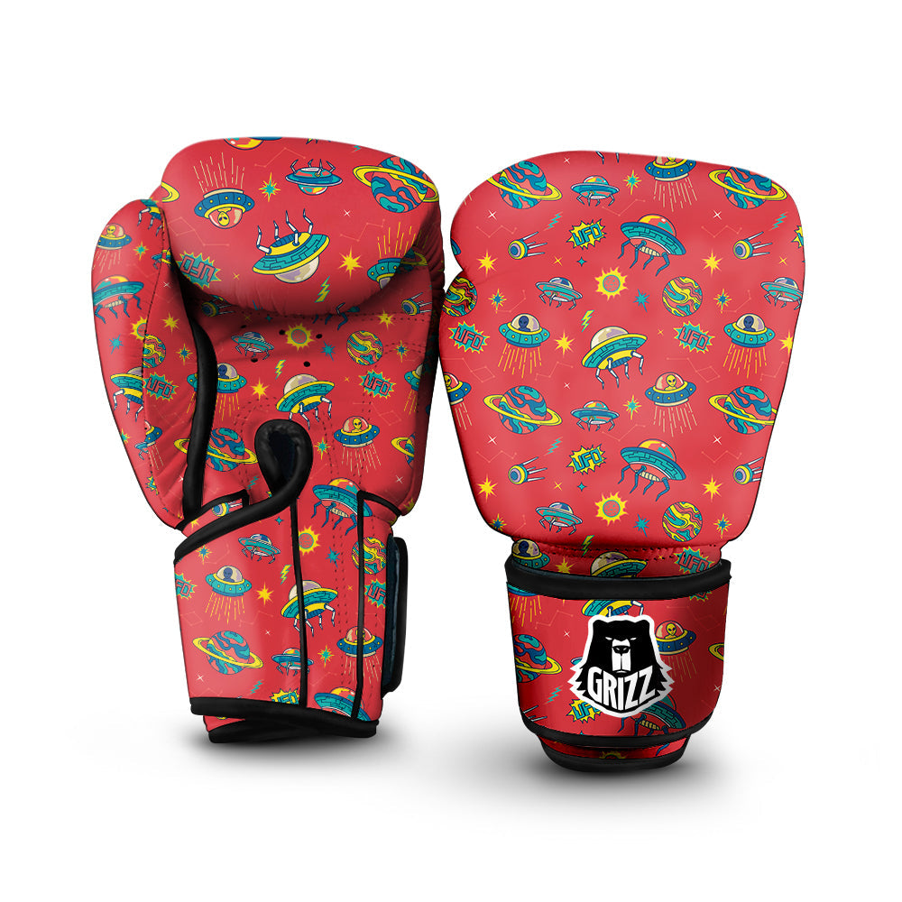 Red And Colorful UFO Print Pattern Boxing Gloves-grizzshop