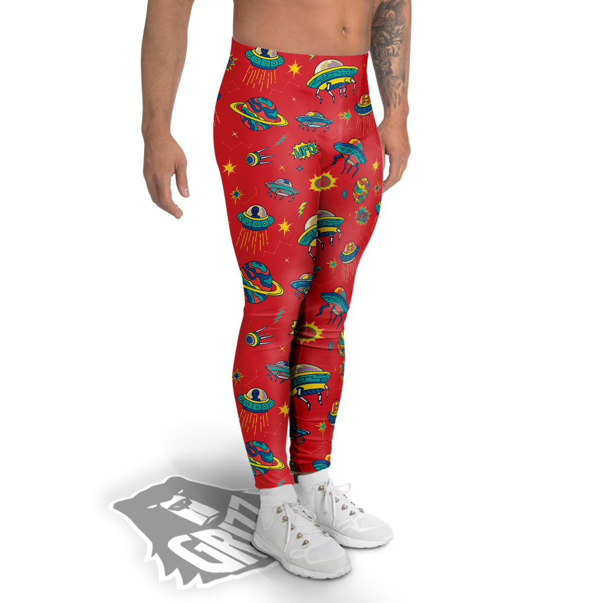Red And Colorful UFO Print Pattern Men's Leggings-grizzshop