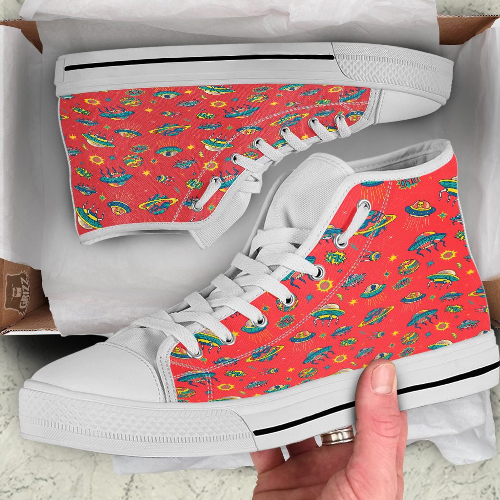 Red And Colorful UFO Print Pattern White High Top Shoes-grizzshop