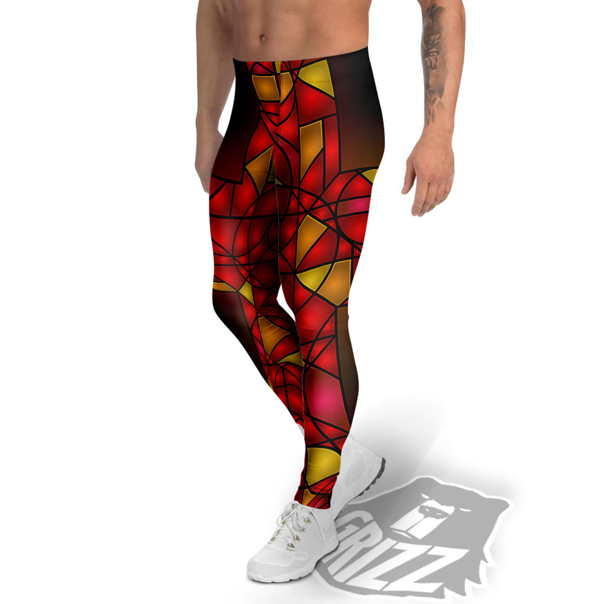 Red And Orange Cross Stained Glass Print Men's Leggings-grizzshop