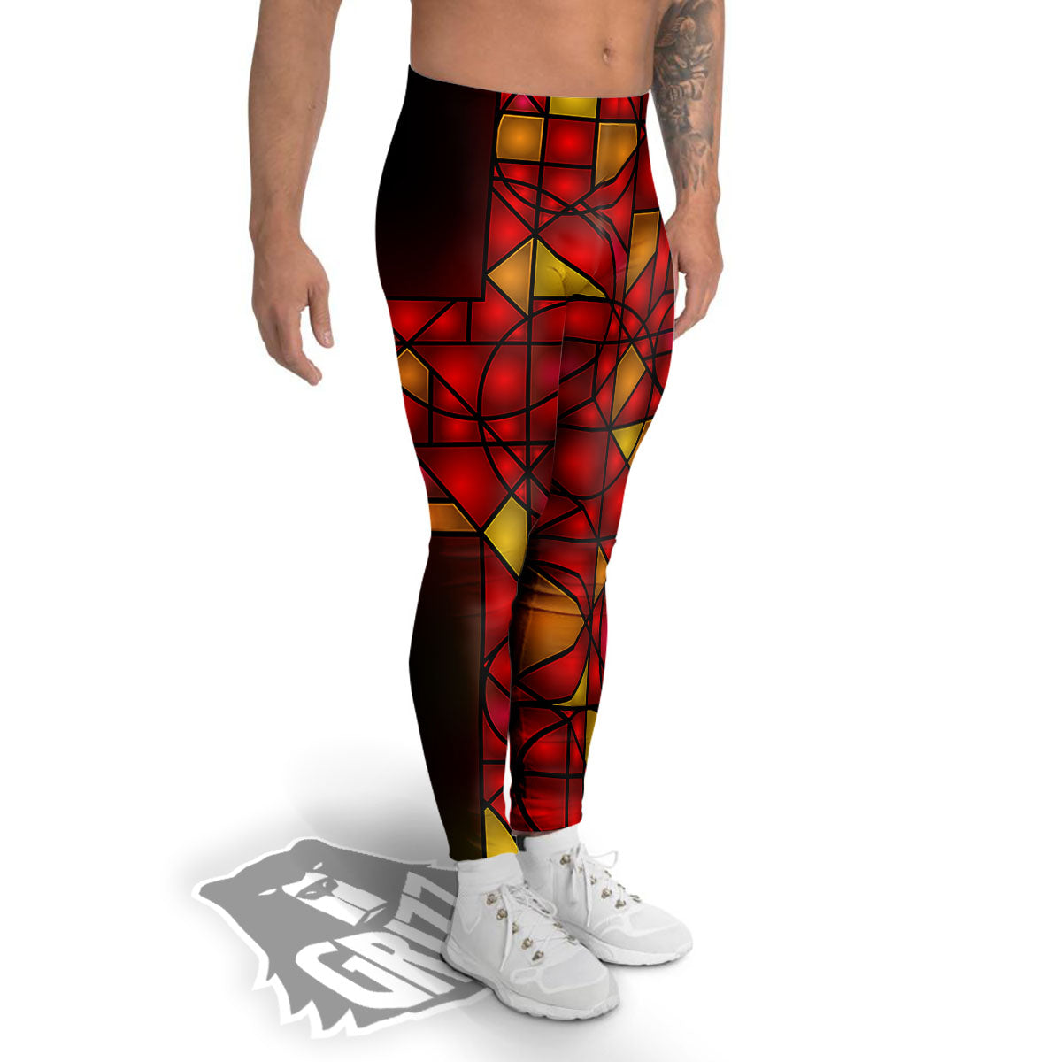 Red And Orange Cross Stained Glass Print Men's Leggings-grizzshop