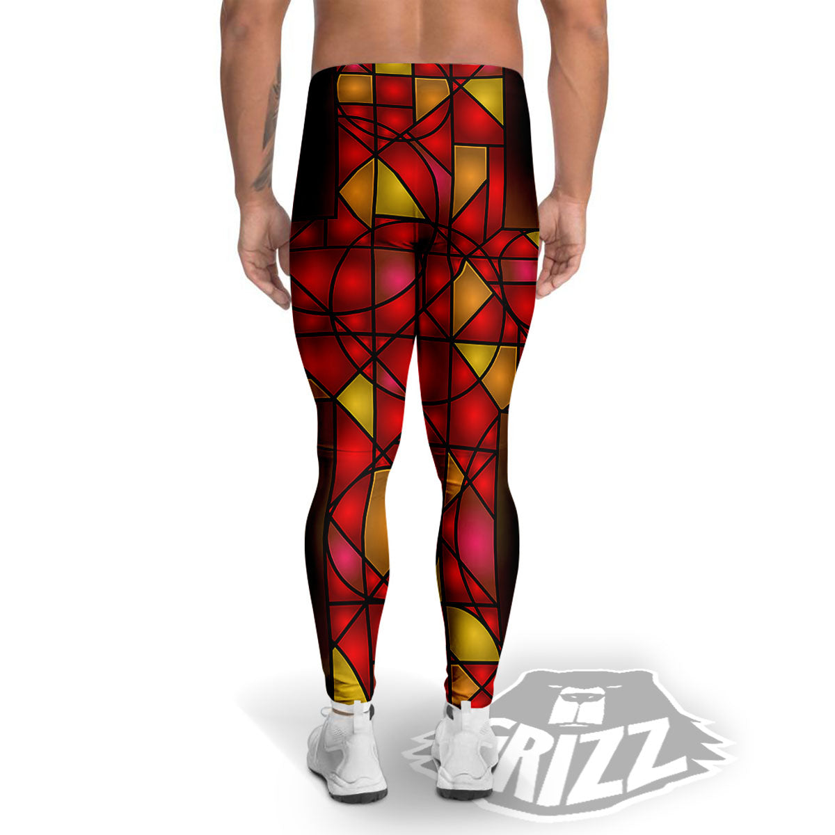 Red And Orange Cross Stained Glass Print Men's Leggings-grizzshop