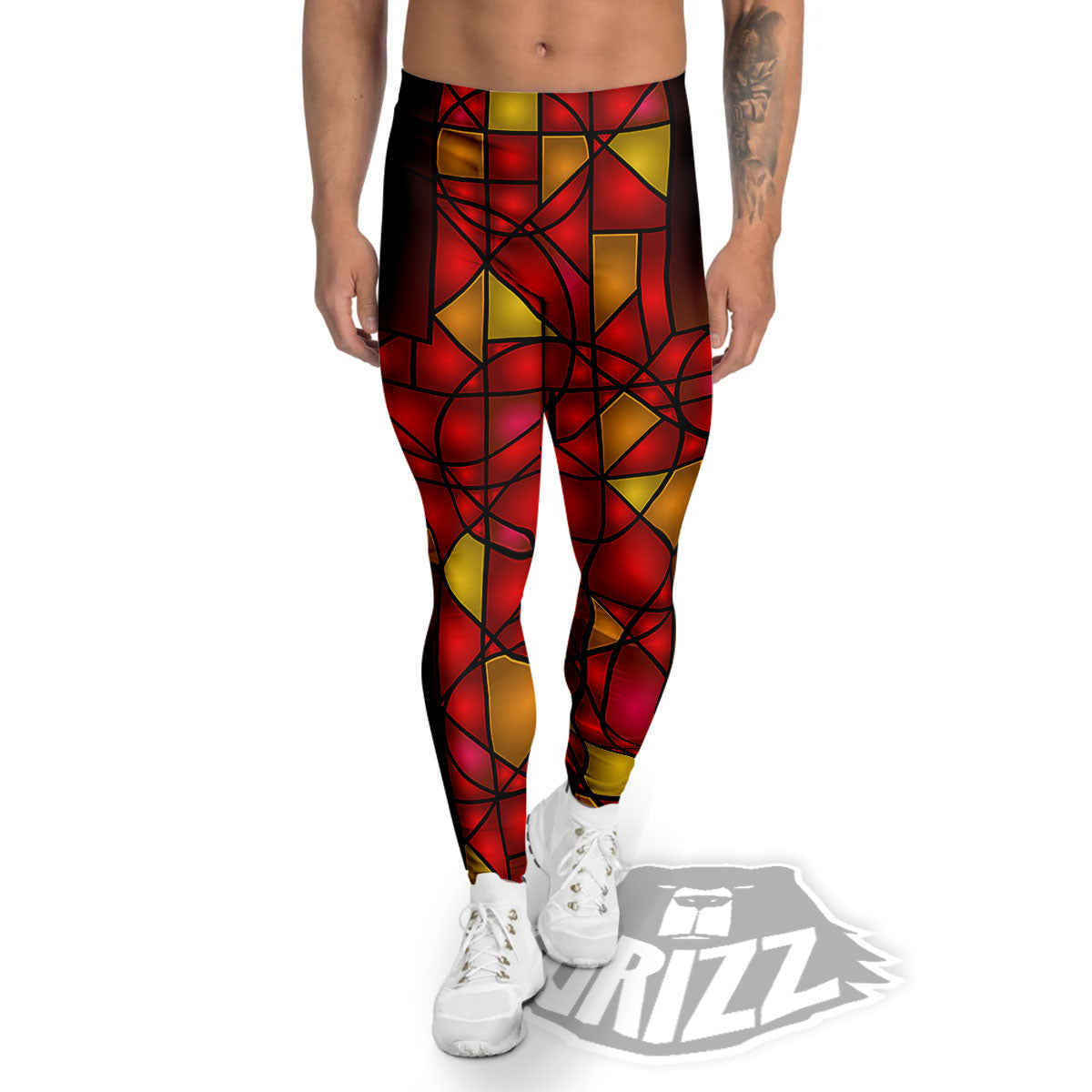 Red And Orange Cross Stained Glass Print Men's Leggings-grizzshop