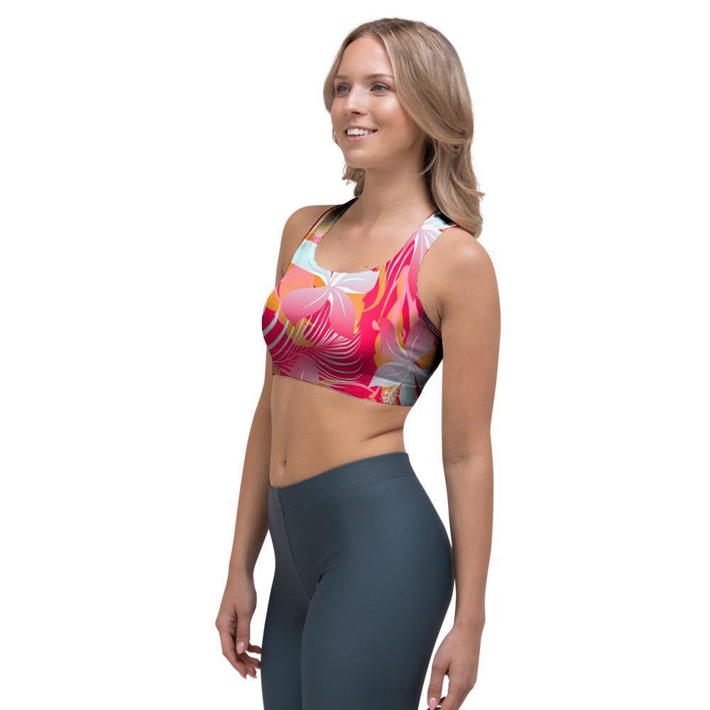 Red And Orange Hibiscus Hawaiian Print Sports Bra-grizzshop