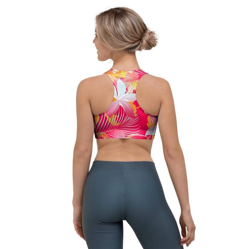 Red And Orange Hibiscus Hawaiian Print Sports Bra-grizzshop