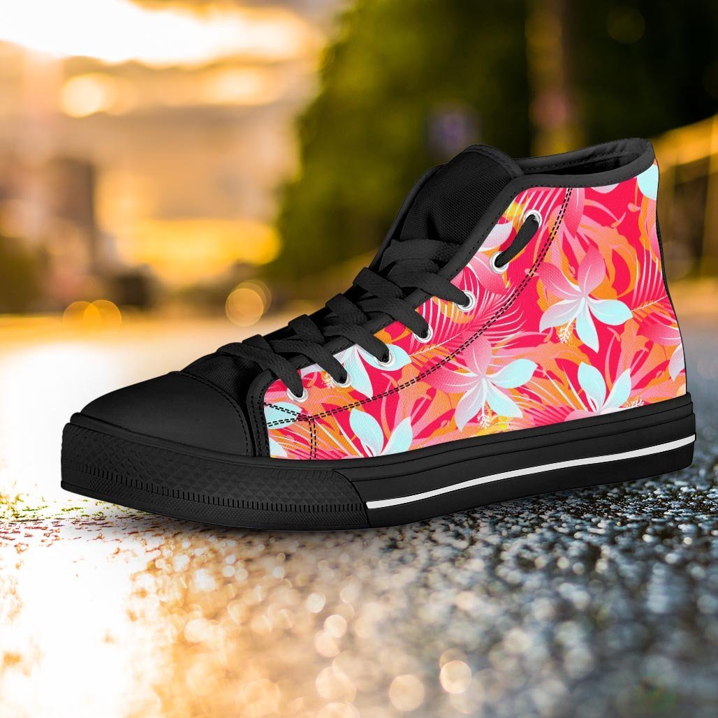 Red And Orange Hibiscus Hawaiian Print Women's High Top Shoes-grizzshop