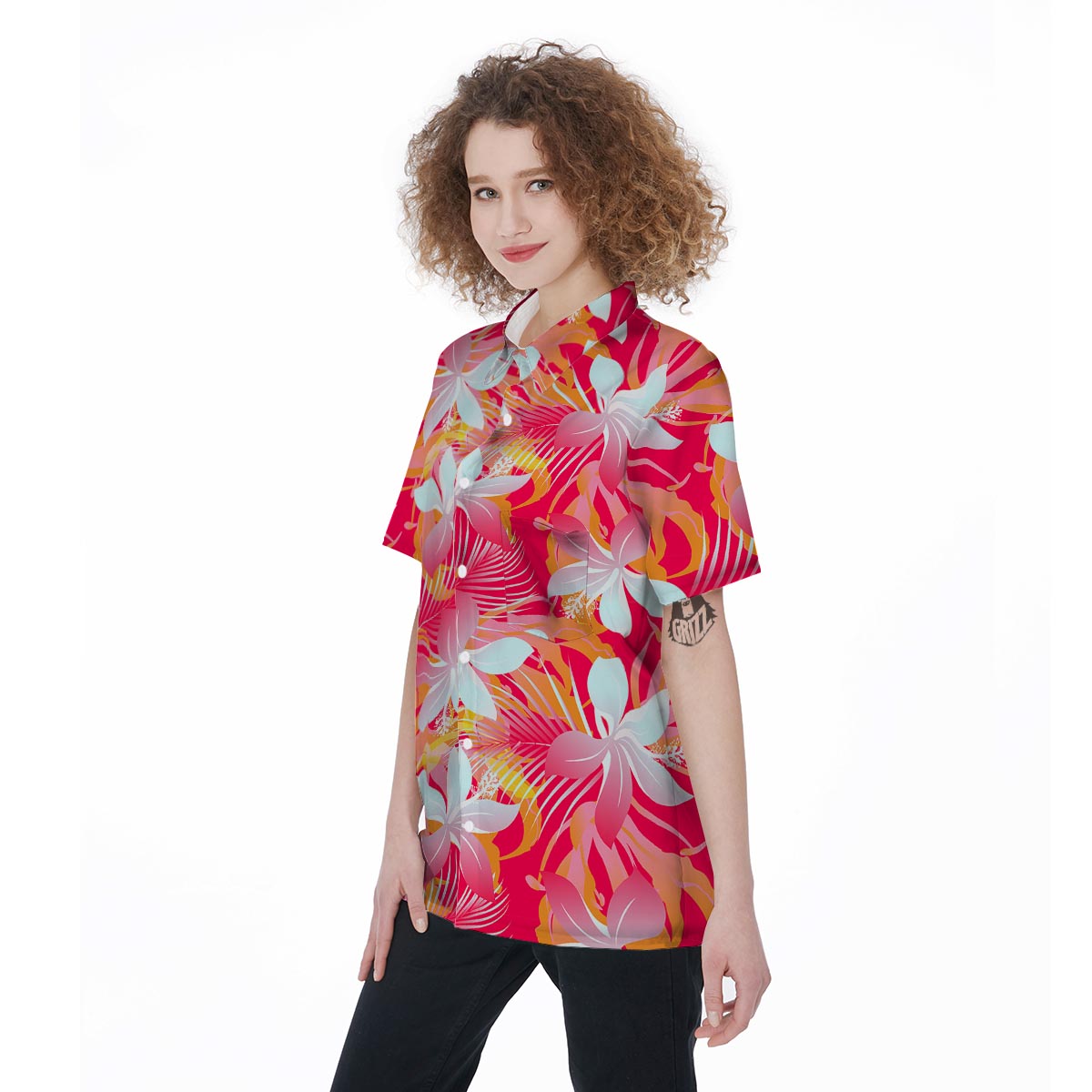 Red And Orange Hibiscus Hawaiian Print Women's Short Sleeve Shirts-grizzshop