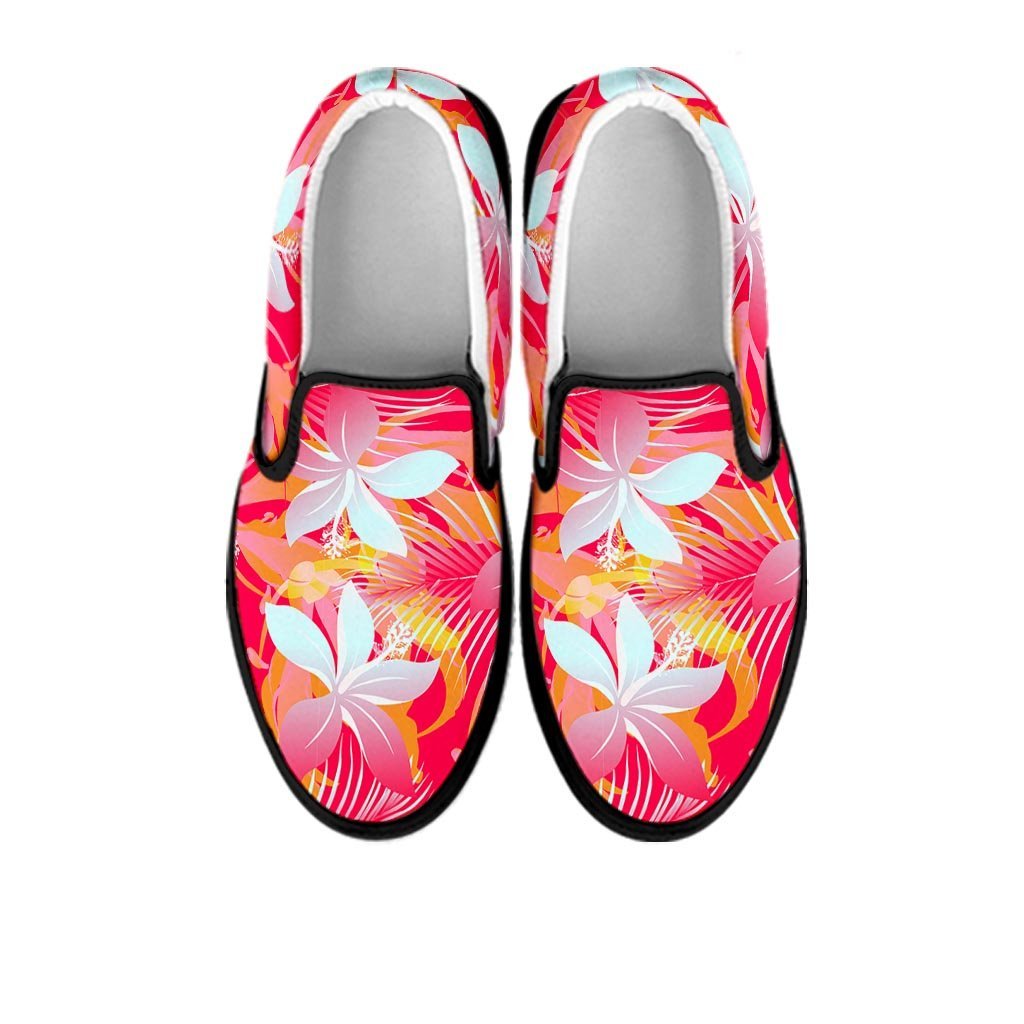Red And Orange Hibiscus Hawaiian Print Women's Slip On Sneakers-grizzshop