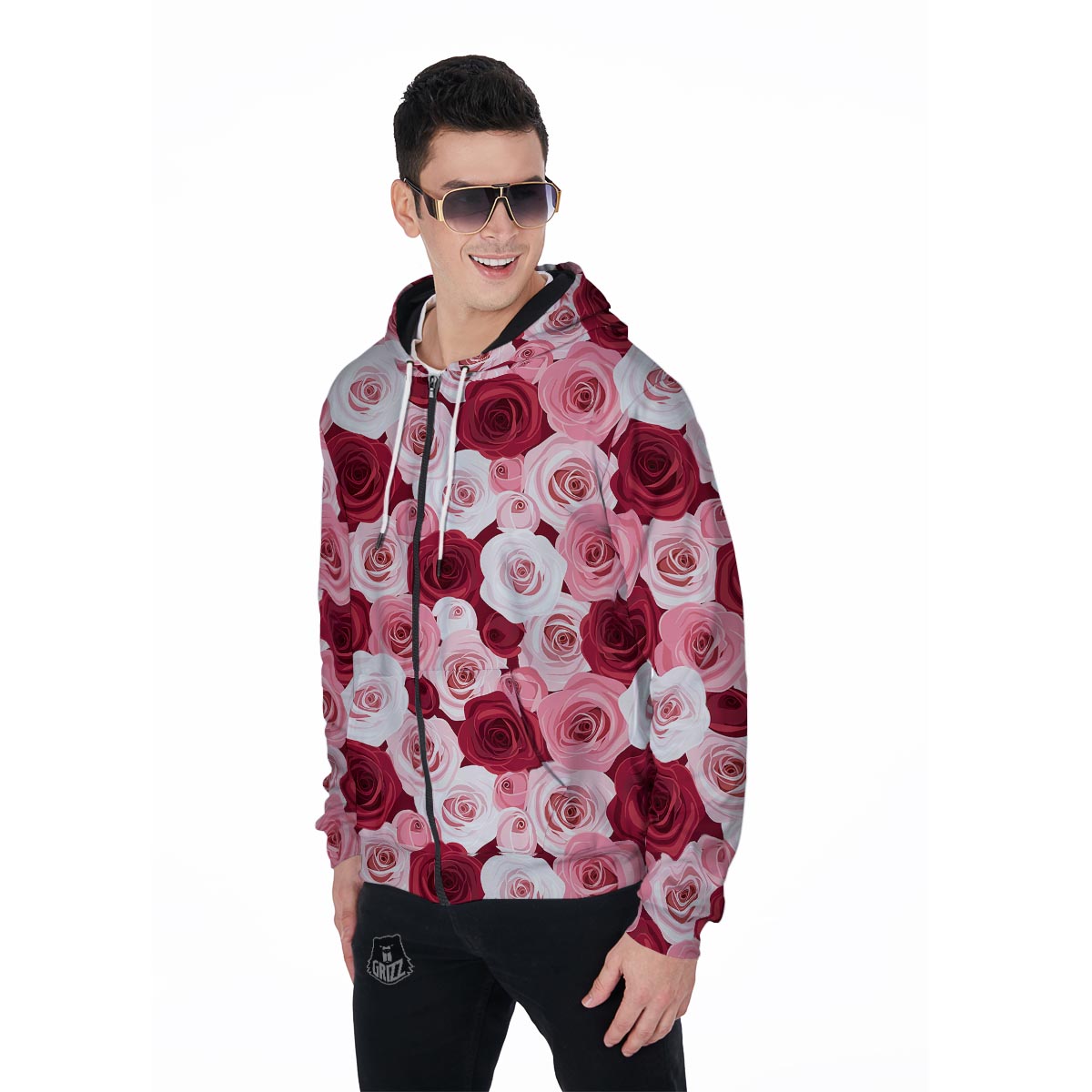 Red And Pink Rose Floral Men's Zip Up Hoodie-grizzshop