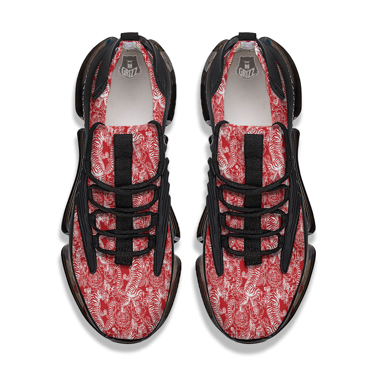 Red And White Chinese Tiger Print Pattern Black Gym Shoes-grizzshop