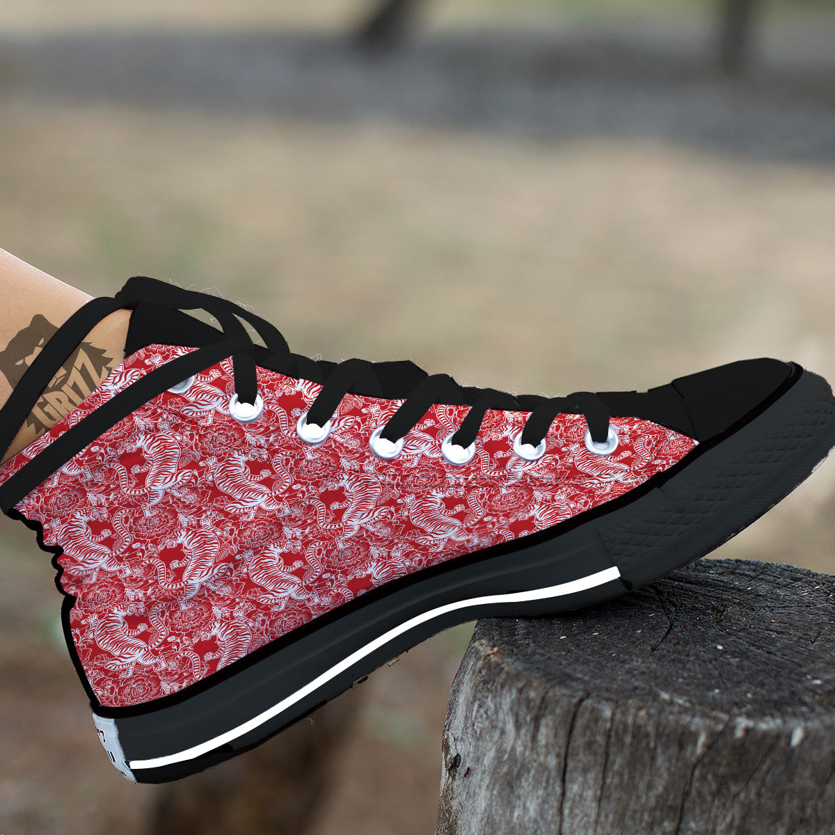 Red And White Chinese Tiger Print Pattern Black High Top Shoes-grizzshop