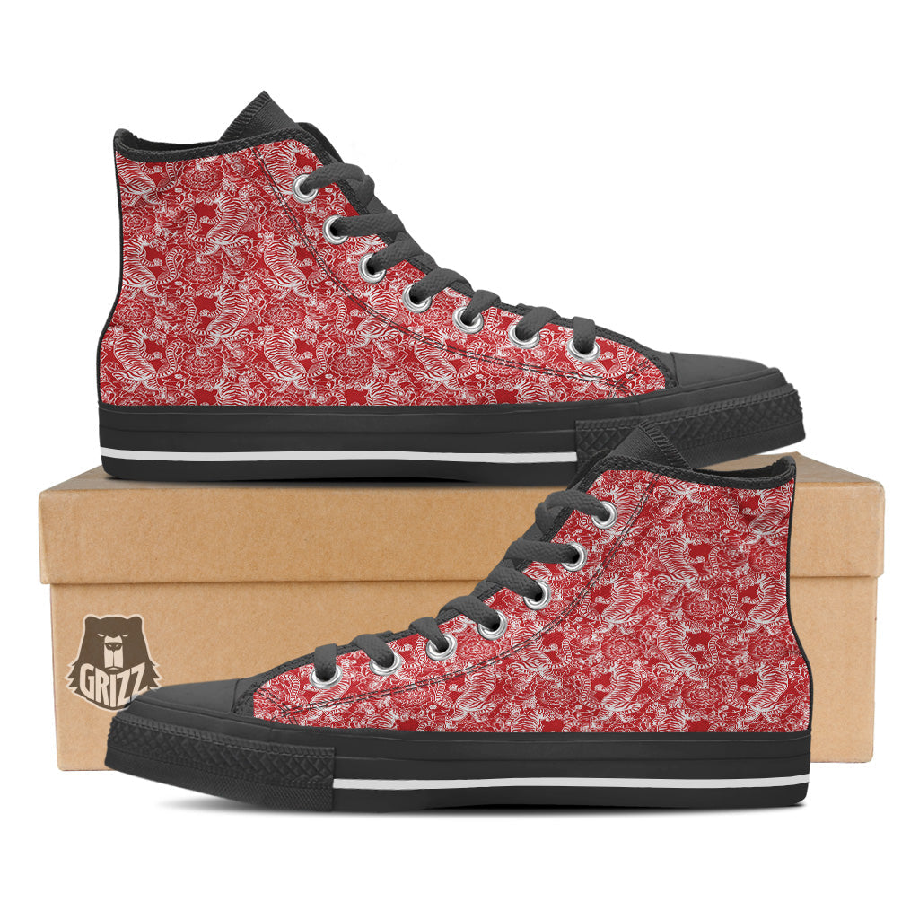 Red And White Chinese Tiger Print Pattern Black High Top Shoes-grizzshop