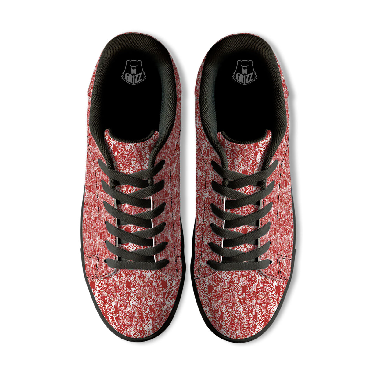 Red And White Chinese Tiger Print Pattern Black Low Top Sneakers-grizzshop