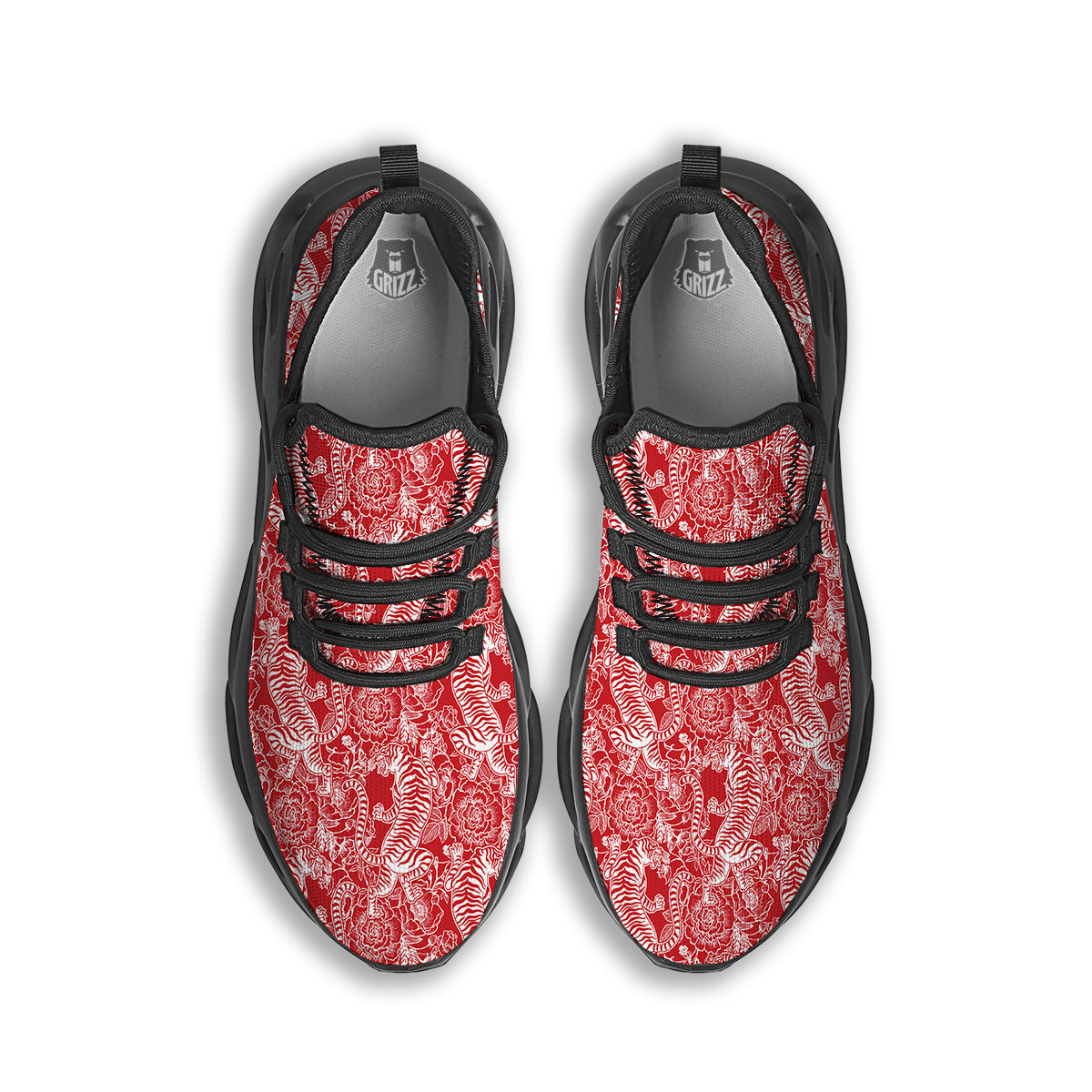 Red And White Chinese Tiger Print Pattern Black Running Shoes-grizzshop