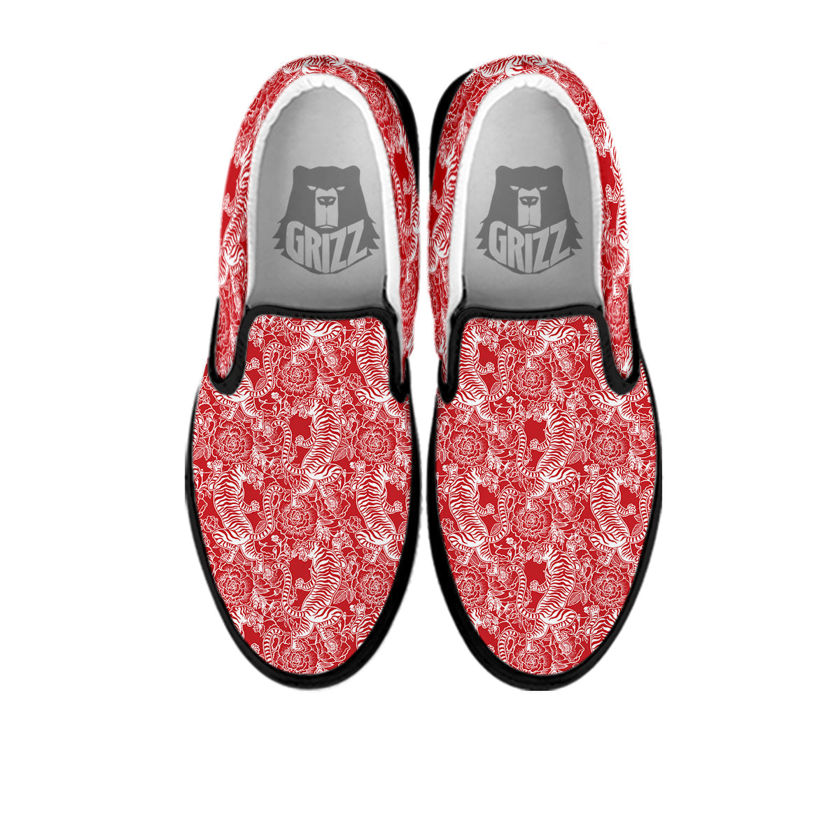 Red And White Chinese Tiger Print Pattern Black Slip On Shoes-grizzshop