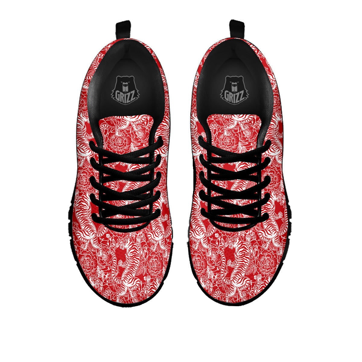 Red And White Chinese Tiger Print Pattern Black Sneaker-grizzshop