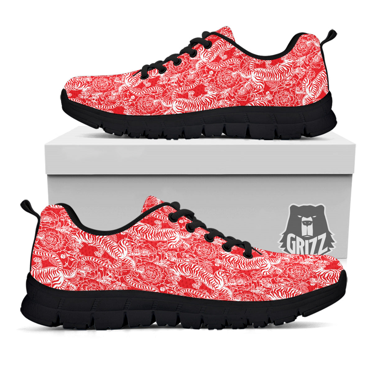 Red And White Chinese Tiger Print Pattern Black Sneaker-grizzshop