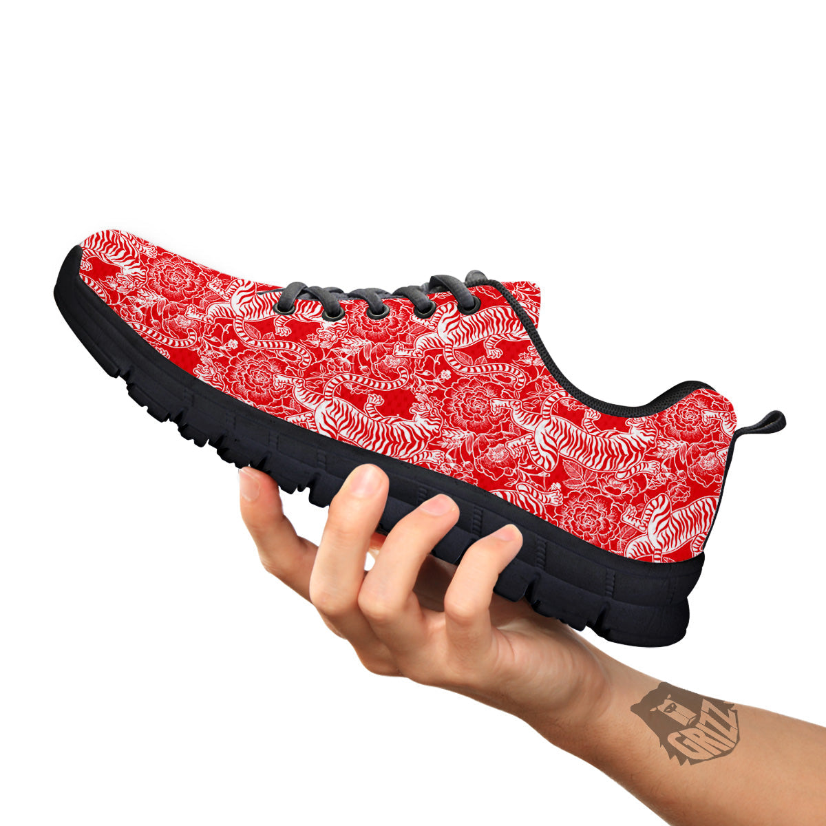 Red And White Chinese Tiger Print Pattern Black Sneaker-grizzshop