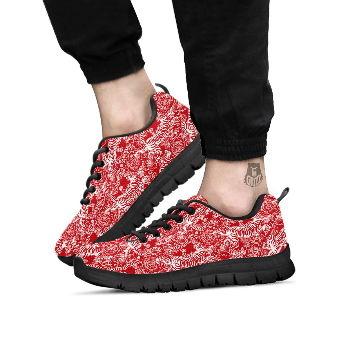Red And White Chinese Tiger Print Pattern Black Sneaker-grizzshop
