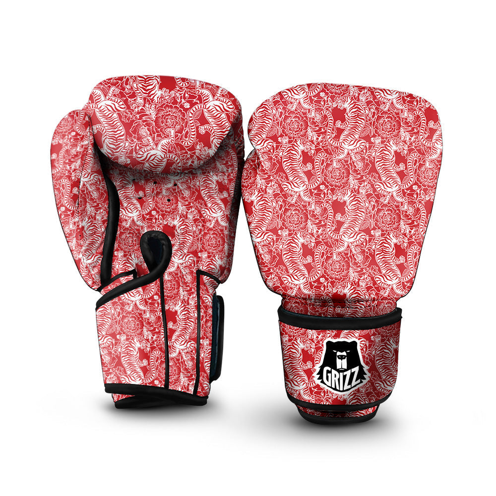 Red And White Chinese Tiger Print Pattern Boxing Gloves-grizzshop