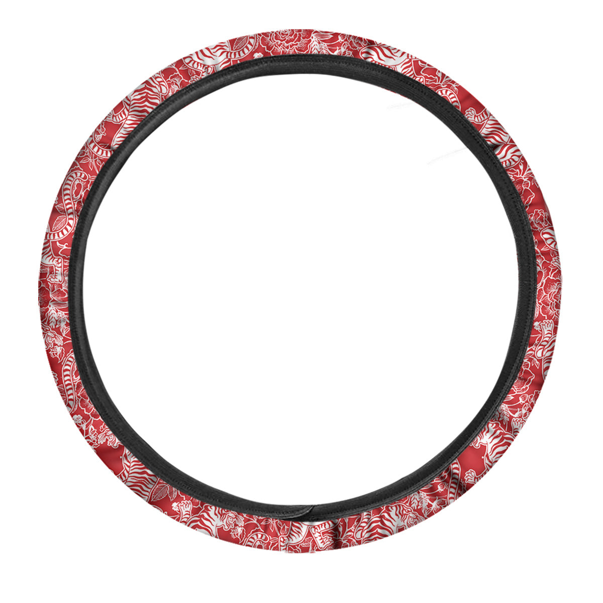 Red And White Chinese Tiger Print Pattern Car Steering Wheel Cover-grizzshop
