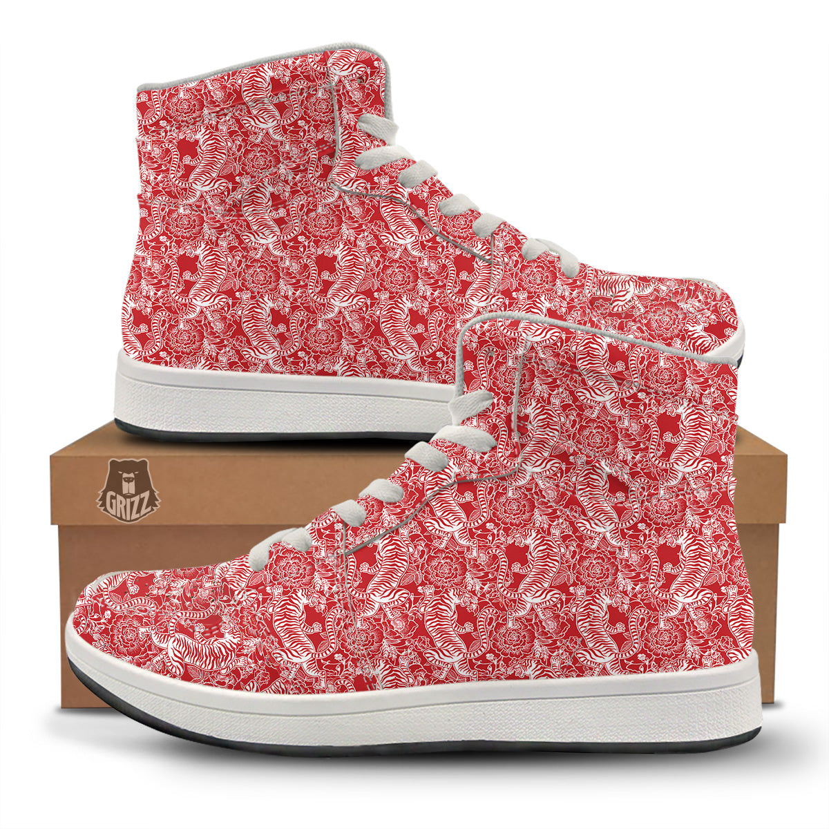 Red And White Chinese Tiger Print Pattern High Top Sneakers-grizzshop