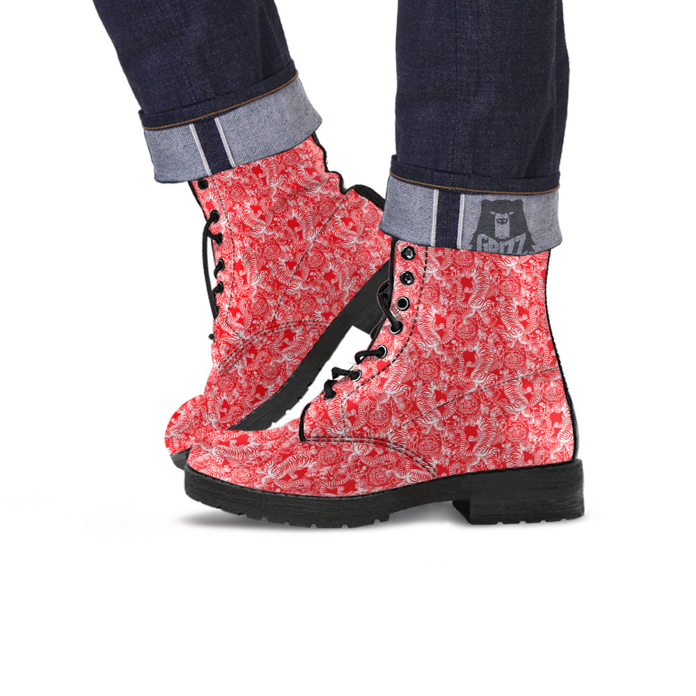 Red And White Chinese Tiger Print Pattern Leather Boots-grizzshop