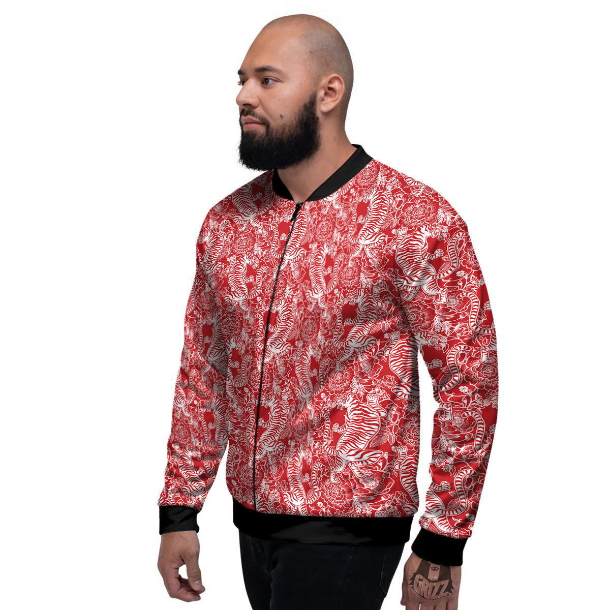 Red And White Chinese Tiger Print Pattern Men's Bomber Jacket-grizzshop