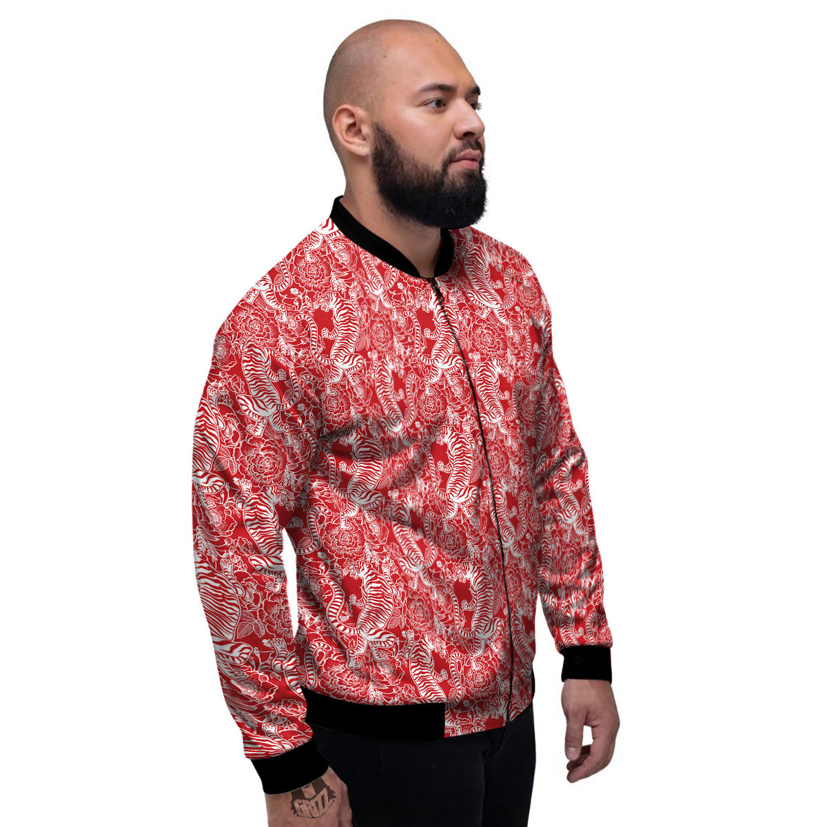 Red And White Chinese Tiger Print Pattern Men's Bomber Jacket-grizzshop