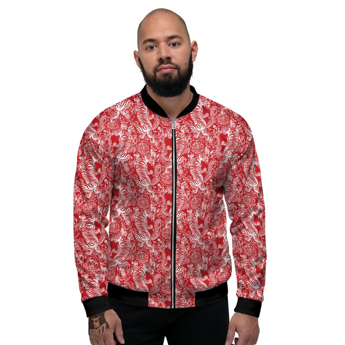 Red And White Chinese Tiger Print Pattern Men's Bomber Jacket-grizzshop