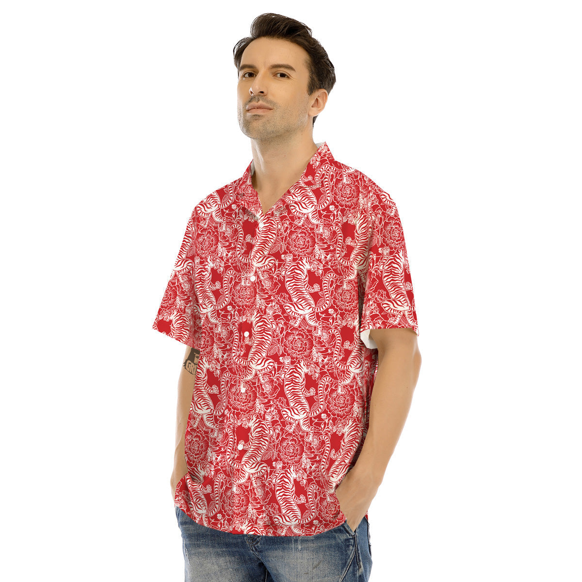 Red And White Chinese Tiger Print Pattern Men's Hawaiian Shirt-grizzshop