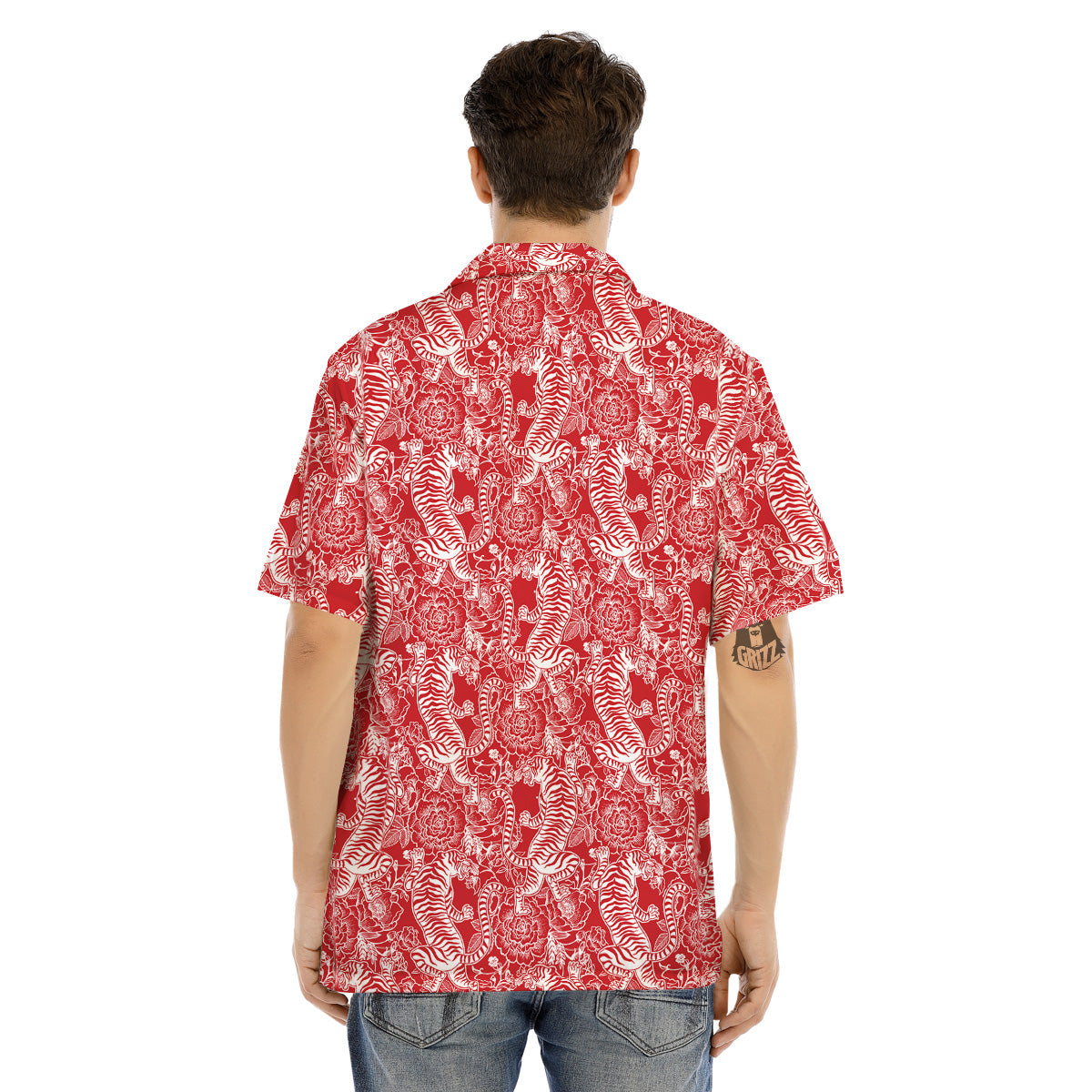 Red And White Chinese Tiger Print Pattern Men's Hawaiian Shirt-grizzshop