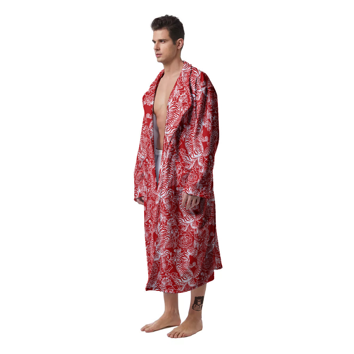 Red And White Chinese Tiger Print Pattern Men's Robe-grizzshop
