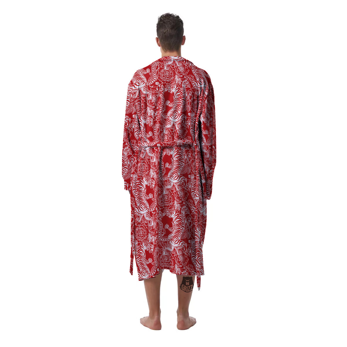 Red And White Chinese Tiger Print Pattern Men's Robe-grizzshop