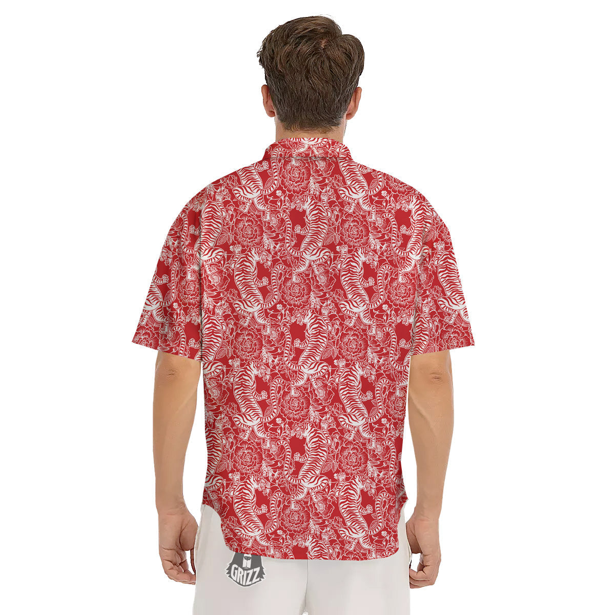 Red And White Chinese Tiger Print Pattern Men's Short Sleeve Shirts-grizzshop