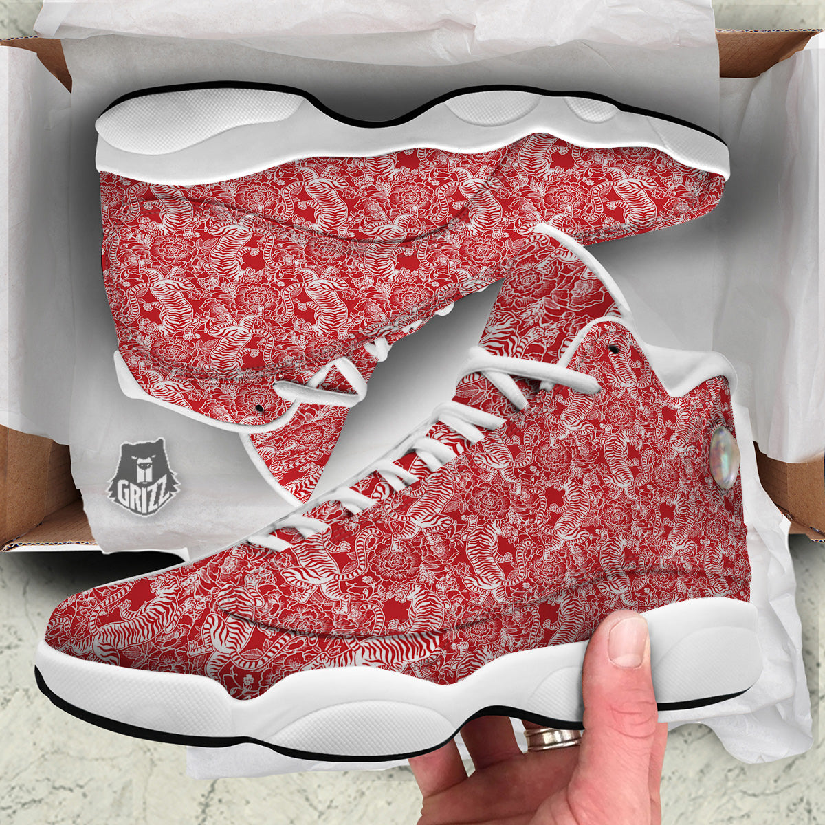 Red And White Chinese Tiger Print Pattern White Basketball Shoes-grizzshop